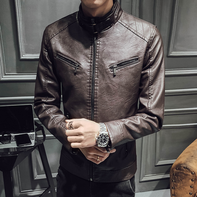 Leather jacket men's leather zipper cardigan men's jacket - Image 3