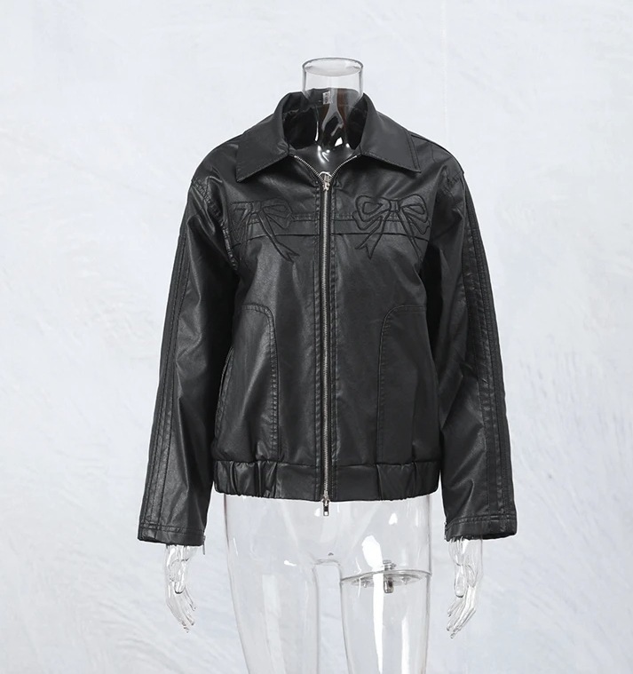 Women's Bow-Knot Zipper Leather Jacket - Image 3
