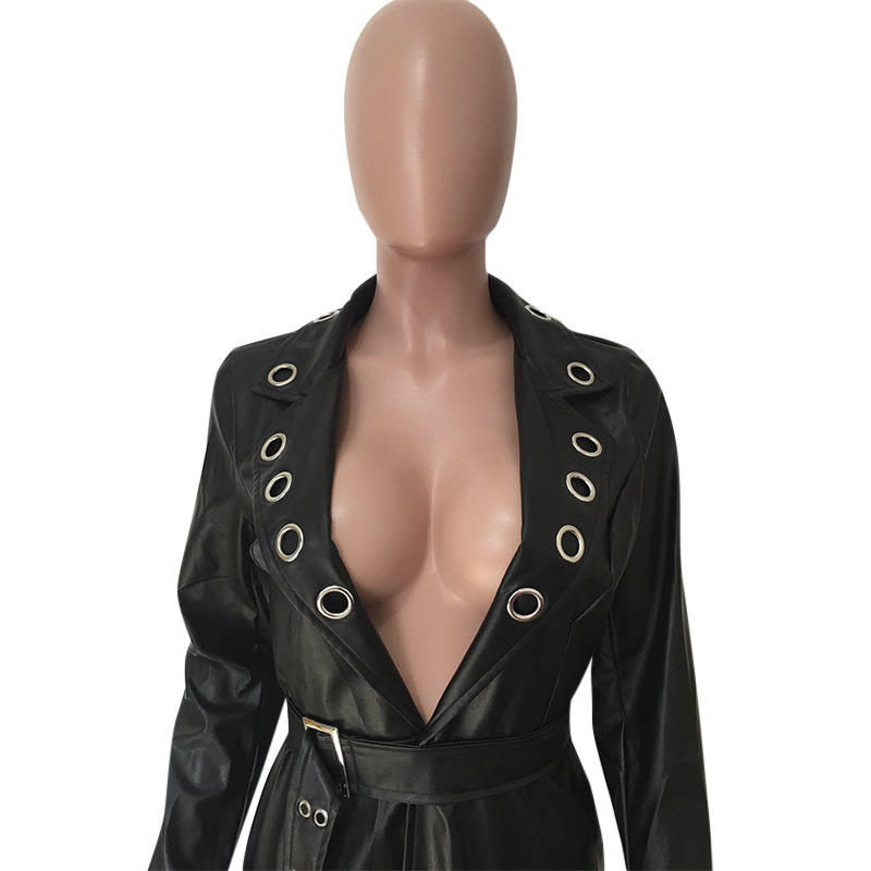 Eyelet belt V-neck jacket leather jacket - Image 3