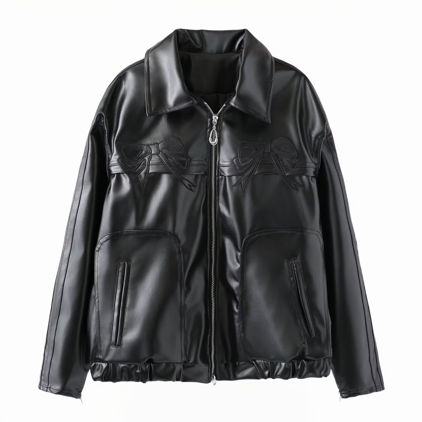 Women's Bow-Knot Zipper Leather Jacket - Image 2