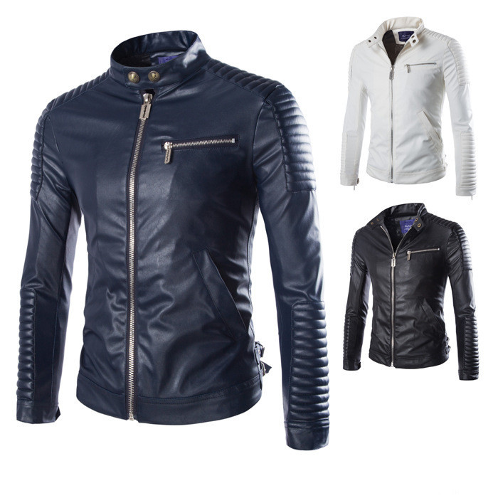 Men's Solid Color Leather Jacket Motorcycle Leather Jacket Men's - Image 3