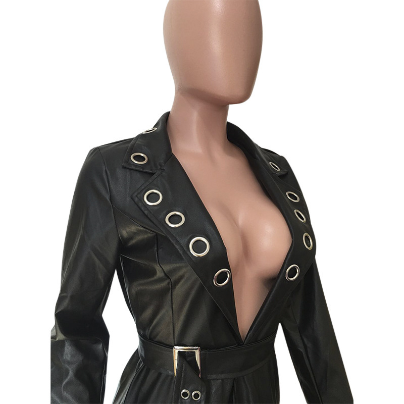 Eyelet belt V-neck jacket leather jacket - Image 5