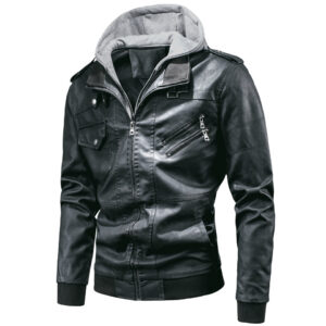 Men's detachable hooded pu leather jacket