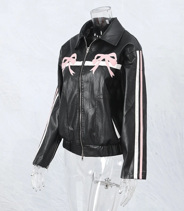 Women's Bow-Knot Zipper Leather Jacket - Image 4